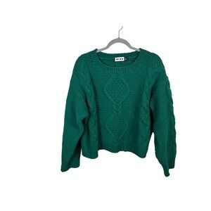 Rixo Cable Knit Sweater Women L Green Excellent Wool Blend Chunky Crew Neck